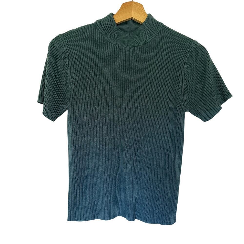 Studio Works knit short sleeved turtleneck top women's size PM blue ribbed shirt